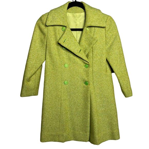 Vintage 60s Childrens Size 7 8 Green Double Breasted Wool Coat Button Front - Picture 2 of 10